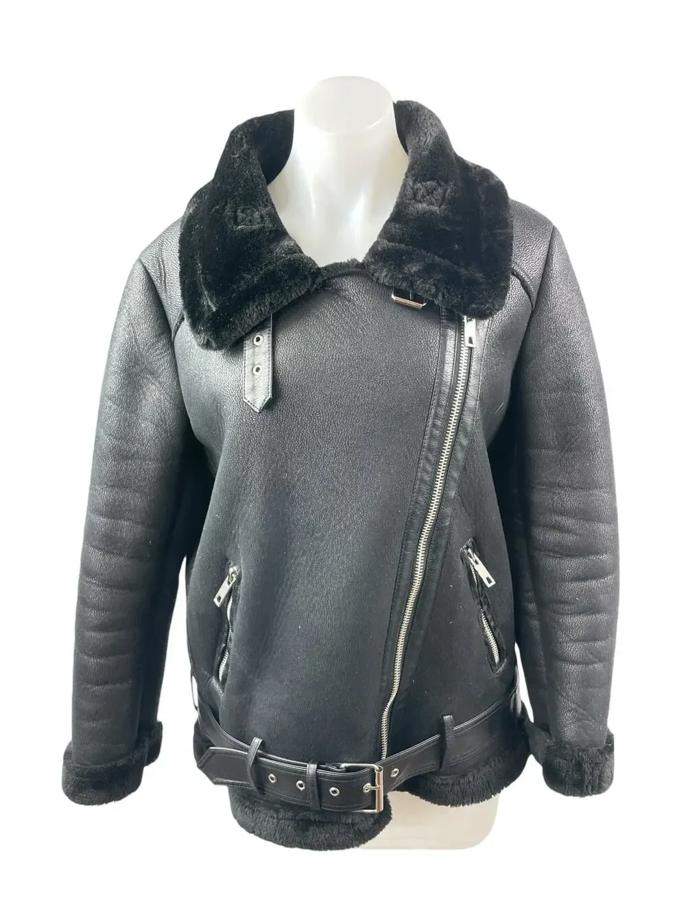 Ly Varey Lin Women's Black Faux Leather Fleece Moto Biker Aviator Jacket Size S